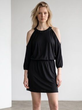 Guess Sequins Off Shoulder Elbow Length Sleeves Black Midi Dress‎